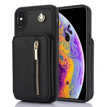 For iPhone X / XS YM006 Skin Feel Zipper Card Bag Phone Case with Dual Lanyard(Black) - More iPhone Cases by buy2fix | Online Shopping UK | buy2fix