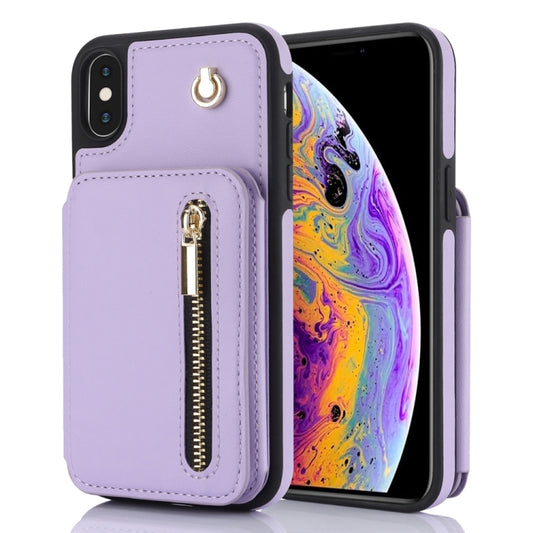 For iPhone X / XS YM006 Skin Feel Zipper Card Bag Phone Case with Dual Lanyard(Light Purple) - More iPhone Cases by buy2fix | Online Shopping UK | buy2fix