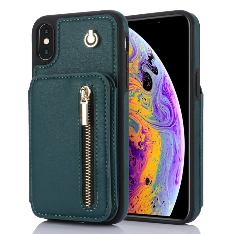 For iPhone X / XS YM006 Skin Feel Zipper Card Bag Phone Case with Dual Lanyard(Green) - More iPhone Cases by buy2fix | Online Shopping UK | buy2fix