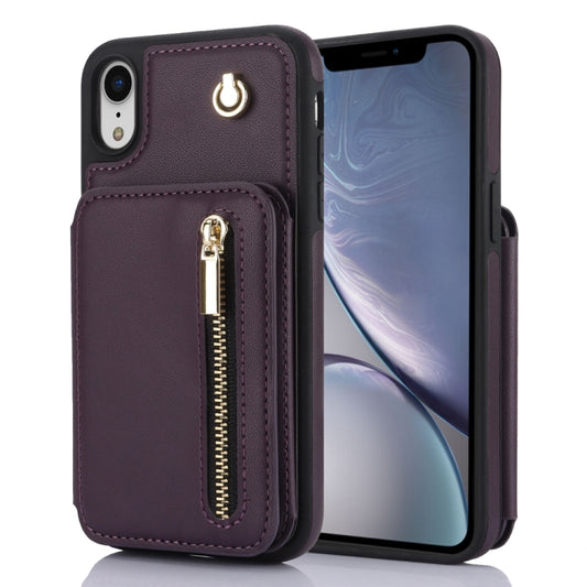 For iPhone XR YM006 Skin Feel Zipper Card Bag Phone Case with Dual Lanyard(Dark Purple) - More iPhone Cases by buy2fix | Online Shopping UK | buy2fix