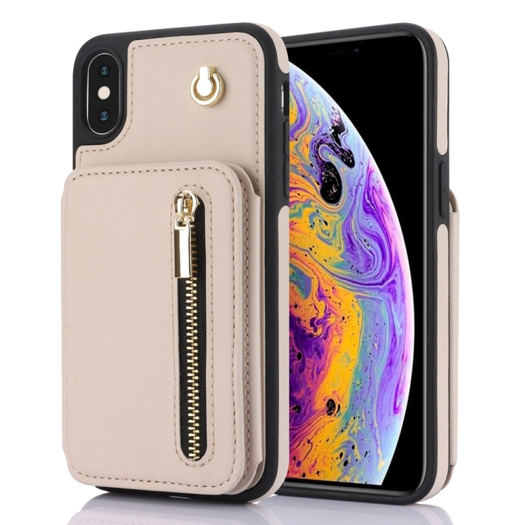 For iPhone XS Max YM006 Skin Feel Zipper Card Bag Phone Case with Dual Lanyard(Apricot) - More iPhone Cases by buy2fix | Online Shopping UK | buy2fix