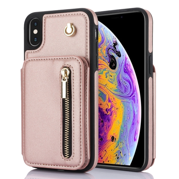 For iPhone XS Max YM006 Skin Feel Zipper Card Bag Phone Case with Dual Lanyard(Rose Gold) - More iPhone Cases by buy2fix | Online Shopping UK | buy2fix