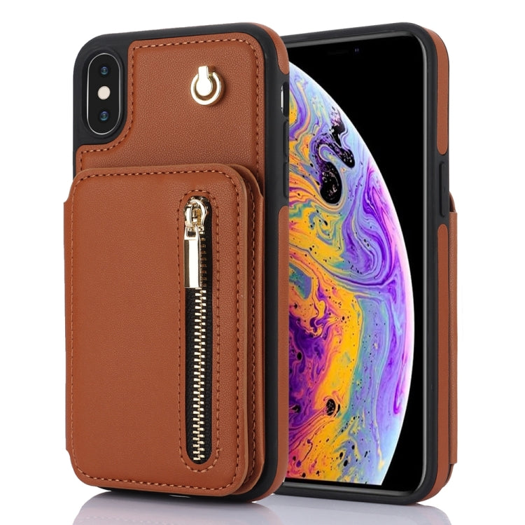 For iPhone XS Max YM006 Skin Feel Zipper Card Bag Phone Case with Dual Lanyard(Brown) - More iPhone Cases by buy2fix | Online Shopping UK | buy2fix