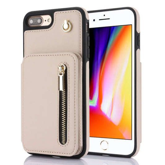 For iPhone 7 Plus / 8 Plus YM006 Skin Feel Zipper Card Bag Phone Case with Dual Lanyard(Apricot) - More iPhone Cases by buy2fix | Online Shopping UK | buy2fix