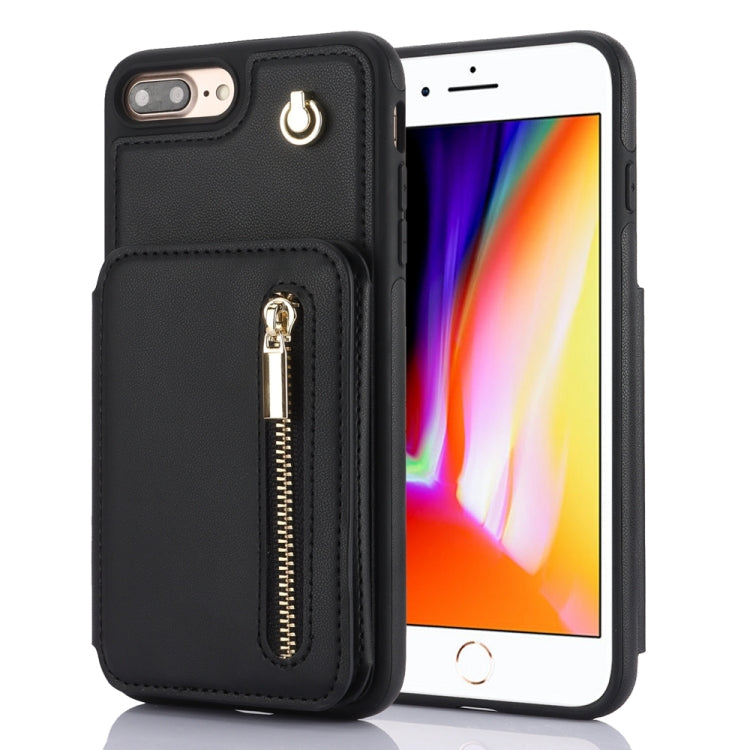 For iPhone 7 Plus / 8 Plus YM006 Skin Feel Zipper Card Bag Phone Case with Dual Lanyard(Black) - More iPhone Cases by buy2fix | Online Shopping UK | buy2fix