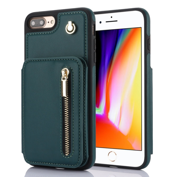 For iPhone 7 Plus / 8 Plus YM006 Skin Feel Zipper Card Bag Phone Case with Dual Lanyard(Green) - More iPhone Cases by buy2fix | Online Shopping UK | buy2fix