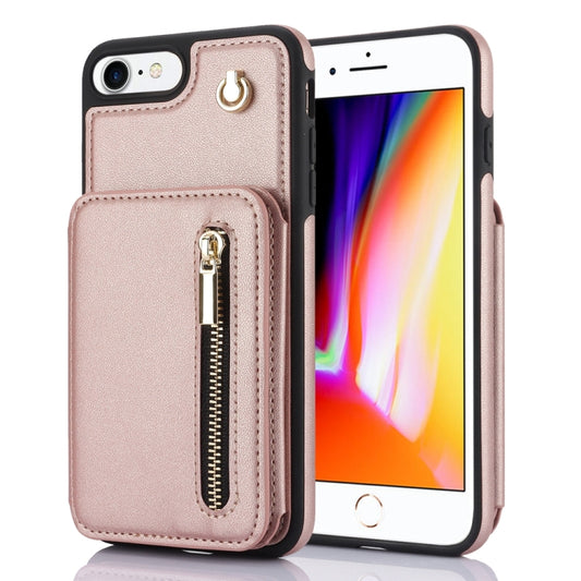 For iPhone SE 2022 / 2020 / 8 / 7 YM006 Skin Feel Zipper Card Bag Phone Case with Dual Lanyard(Rose Gold) - More iPhone Cases by buy2fix | Online Shopping UK | buy2fix