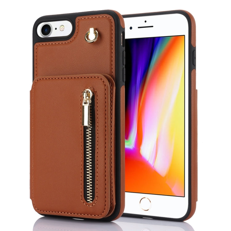 For iPhone SE 2022 / 2020 / 8 / 7 YM006 Skin Feel Zipper Card Bag Phone Case with Dual Lanyard(Brown) - More iPhone Cases by buy2fix | Online Shopping UK | buy2fix