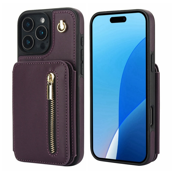 For iPhone 16 Pro Max YM006 Skin Feel Zipper Card Bag Phone Case with Dual Lanyard(Dark Purple) by buy2fix