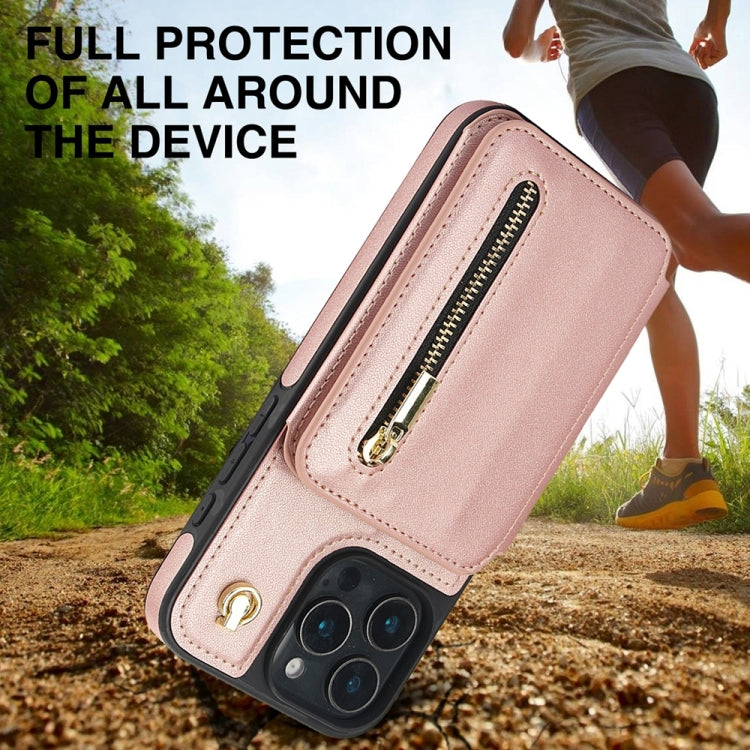 For iPhone 16 Pro Max YM006 Skin Feel Zipper Card Bag Phone Case with Dual Lanyard(Rose Gold) - iPhone 16 Pro Max Cases by buy2fix | Online Shopping UK | buy2fix