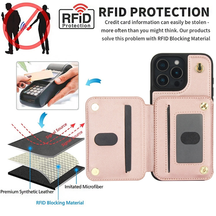 For iPhone 16 Pro YM006 Skin Feel Zipper Card Bag Phone Case with Dual Lanyard(Rose Gold) - iPhone 16 Pro Cases by buy2fix | Online Shopping UK | buy2fix