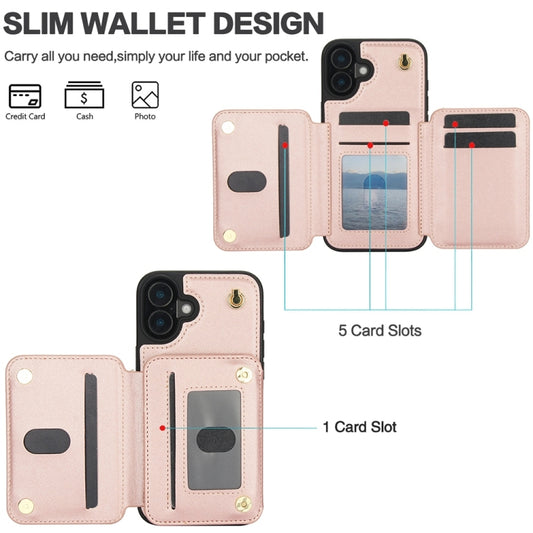 For iPhone 16 YM006 Skin Feel Zipper Card Bag Phone Case with Dual Lanyard(Rose Gold) by buy2fix