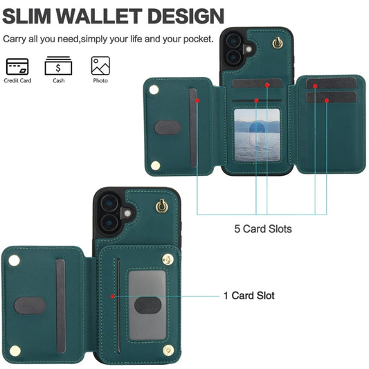 For iPhone 16 YM006 Skin Feel Zipper Card Bag Phone Case with Dual Lanyard(Green) by buy2fix