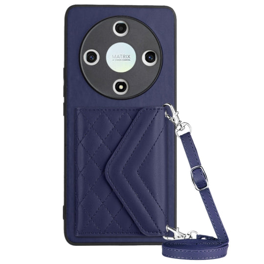 For Honor X9b / Magic6 Lite Rhombic Texture Card Bag RFID Phone Case with Long Lanyard(Blue)