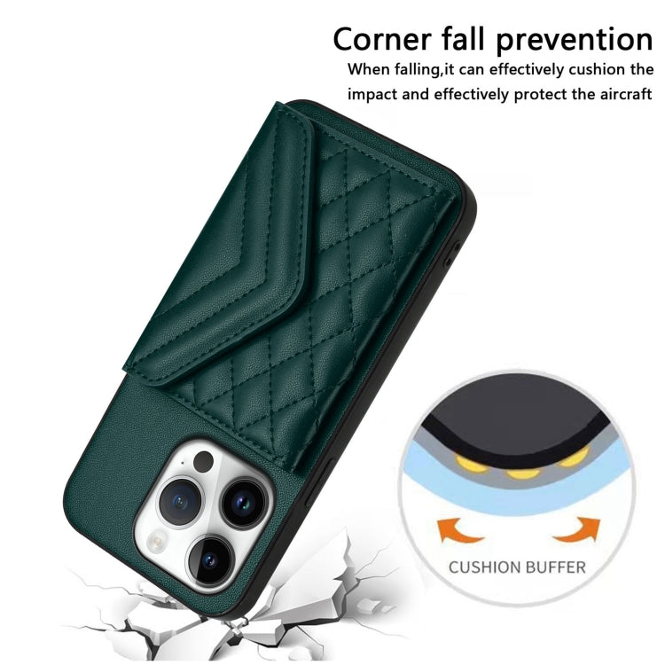 For iPhone 16 Pro Rhombic Texture Card Bag RFID Phone Case with Long Lanyard(Green) - iPhone 16 Pro Cases by buy2fix | Online Shopping UK | buy2fix