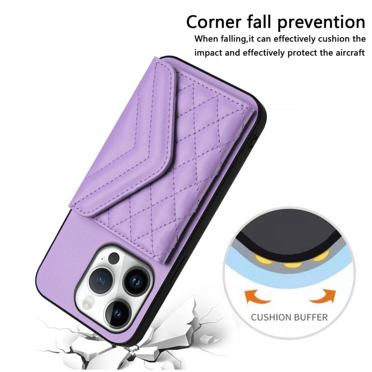 For iPhone 16 Pro Rhombic Texture Card Bag RFID Phone Case with Long Lanyard(Light Purple) - iPhone 16 Pro Cases by buy2fix | Online Shopping UK | buy2fix