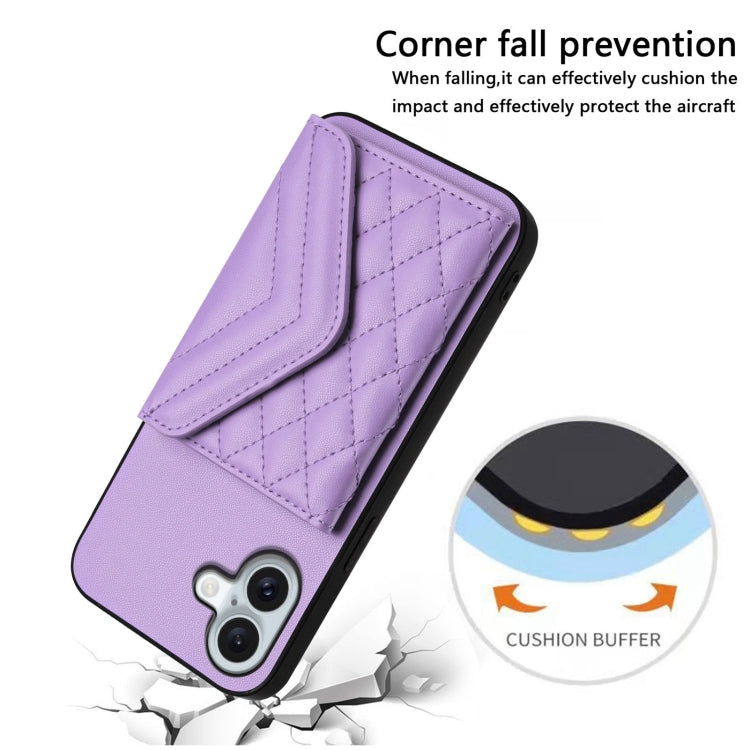 For iPhone 16 Plus Rhombic Texture Card Bag RFID Phone Case with Long Lanyard(Light Purple) - iPhone 16 Plus Cases by buy2fix | Online Shopping UK | buy2fix