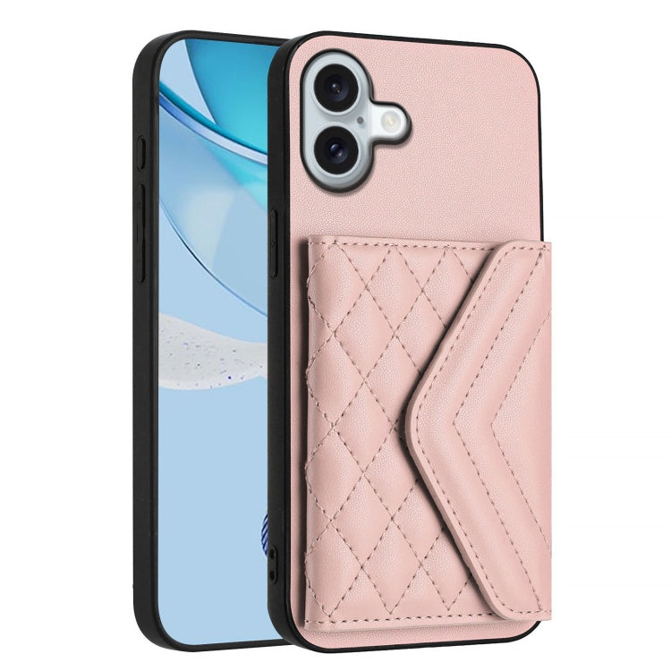 For iPhone 16 Plus Rhombic Texture Card Bag RFID Phone Case with Long Lanyard(Rose Gold) - iPhone 16 Plus Cases by buy2fix | Online Shopping UK | buy2fix