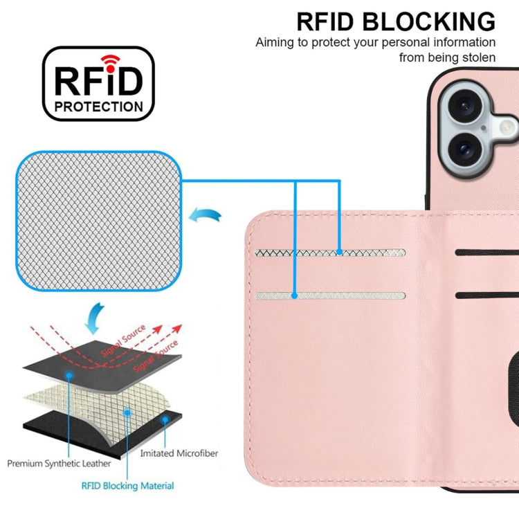 For iPhone 16 Plus Rhombic Texture Card Bag RFID Phone Case with Long Lanyard(Rose Gold) - iPhone 16 Plus Cases by buy2fix | Online Shopping UK | buy2fix