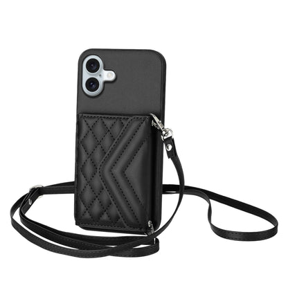 For iPhone 16 Plus Rhombic Texture Card Bag RFID Phone Case with Long Lanyard(Black) - iPhone 16 Plus Cases by buy2fix | Online Shopping UK | buy2fix