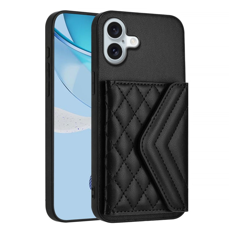 For iPhone 16 Plus Rhombic Texture Card Bag RFID Phone Case with Long Lanyard(Black) - iPhone 16 Plus Cases by buy2fix | Online Shopping UK | buy2fix