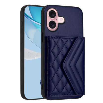 For iPhone 16 Rhombic Texture Card Bag RFID Phone Case with Long Lanyard(Blue) - iPhone 16 Cases by buy2fix | Online Shopping UK | buy2fix