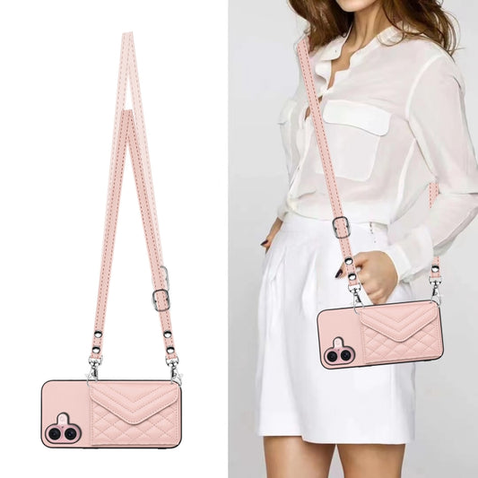 For iPhone 16 Rhombic Texture Card Bag RFID Phone Case with Long Lanyard(Rose Gold) by buy2fix