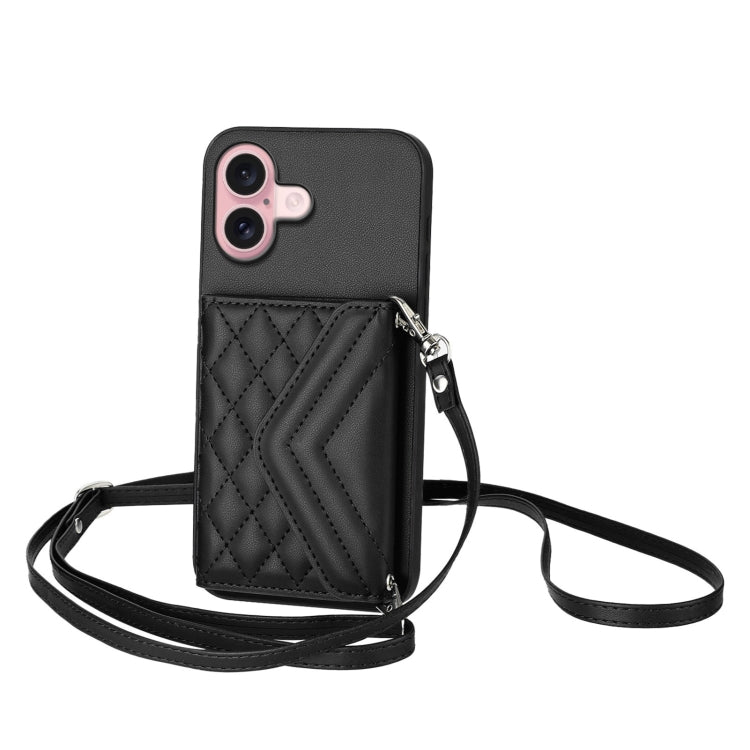 For iPhone 16 Rhombic Texture Card Bag RFID Phone Case with Long Lanyard(Black) - iPhone 16 Cases by buy2fix | Online Shopping UK | buy2fix