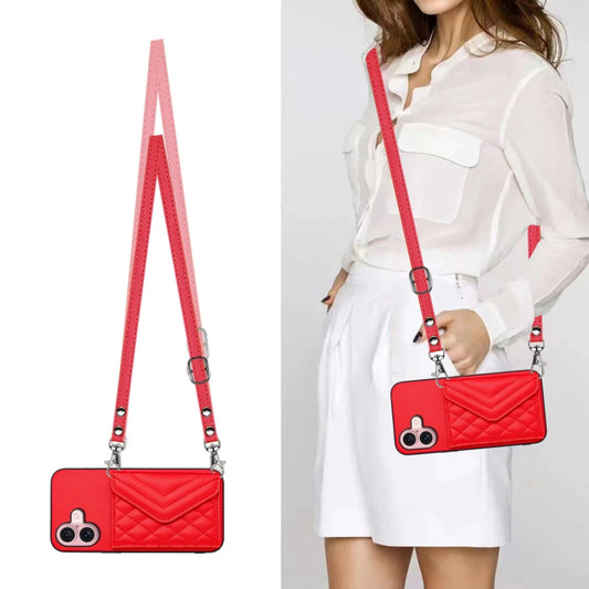 For iPhone 16 Rhombic Texture Card Bag RFID Phone Case with Long Lanyard(Red) by buy2fix