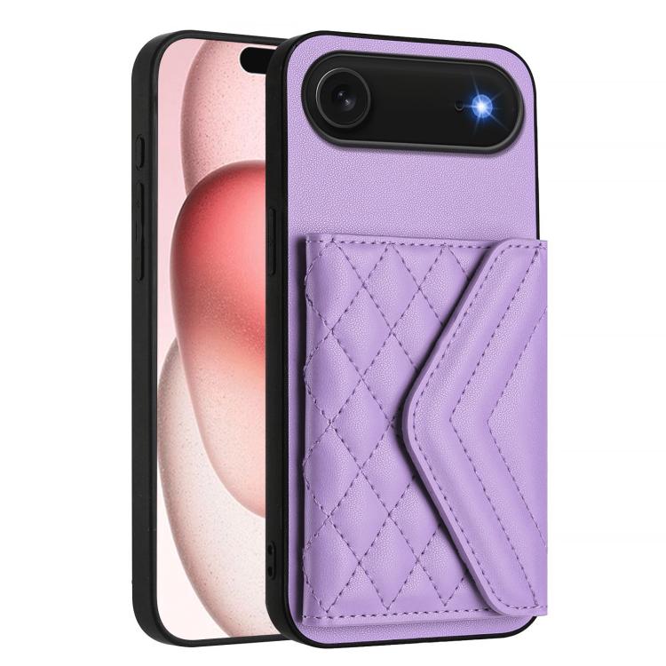 For iPhone Air Rhombic Texture Card Bag RFID Phone Case with Long Lanyard(Light Purple) - iPhone Air Cases by buy2fix | Online Shopping UK | buy2fix