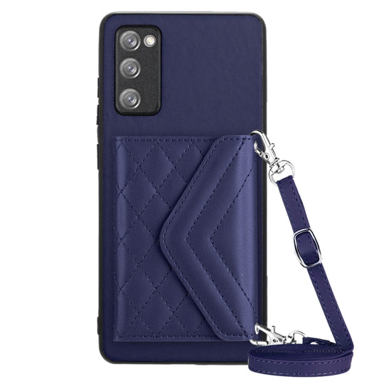 For Samsung Galaxy S20 FE Rhombic Texture Card Bag RFID Phone Case with Long Lanyard(Blue)