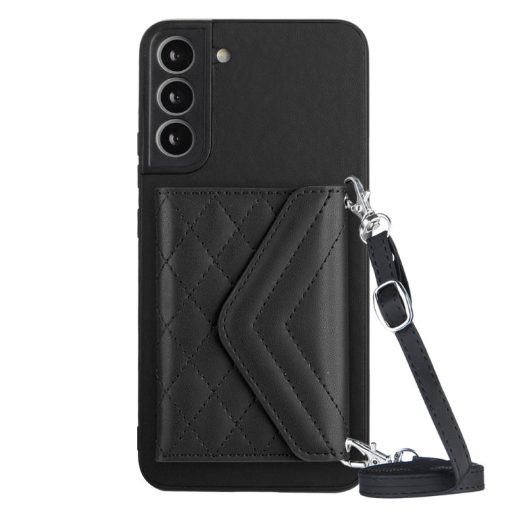 For Samsung Galaxy S22+ 5G Rhombic Texture Card Bag RFID Phone Case with Long Lanyard(Black) - Galaxy S22+ 5G Cases by buy2fix | Online Shopping UK | buy2fix