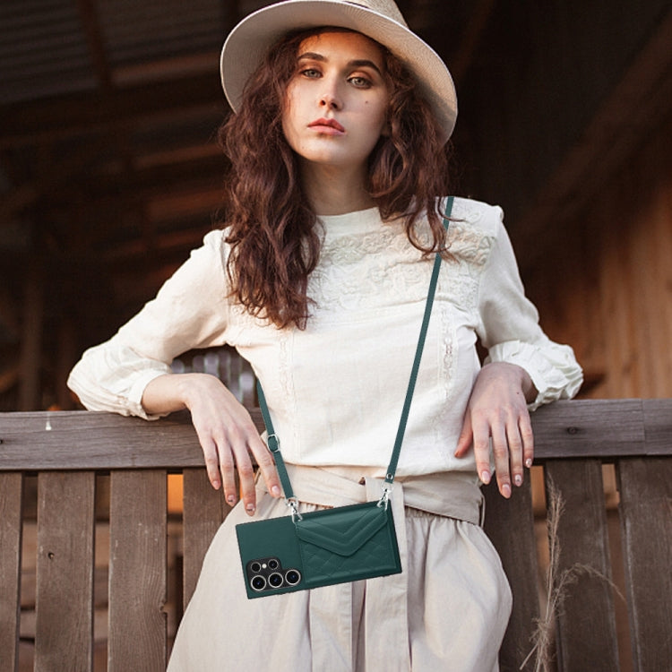 For Samsung Galaxy S23 Ultra 5G Rhombic Texture Card Bag RFID Phone Case with Long Lanyard(Green) by buy2fix