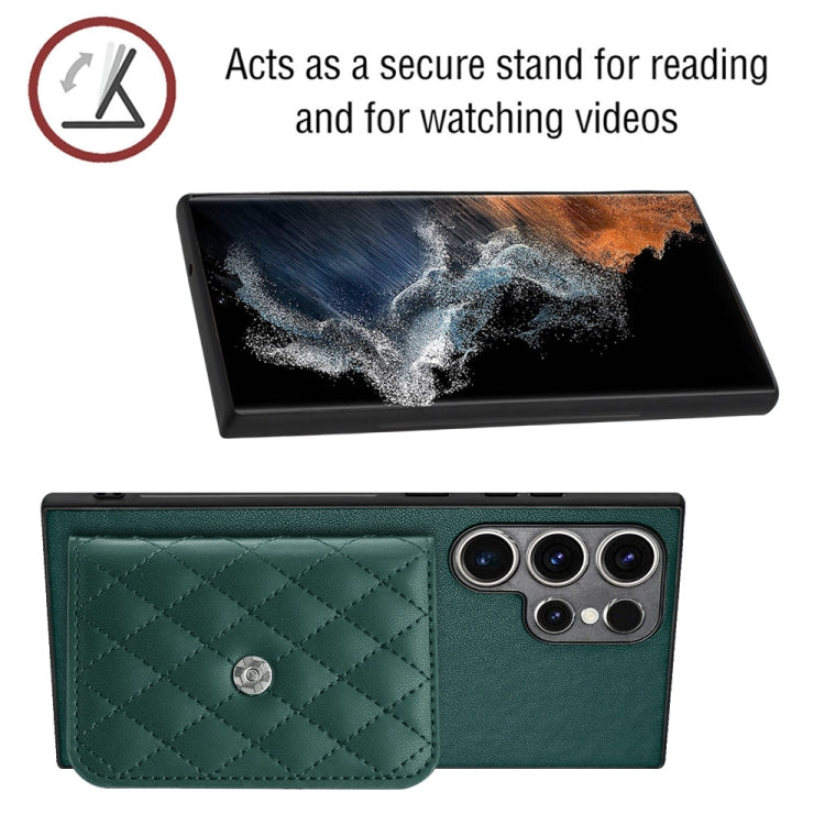 For Samsung Galaxy S23 Ultra 5G Rhombic Texture Card Bag RFID Phone Case with Long Lanyard(Green) by buy2fix