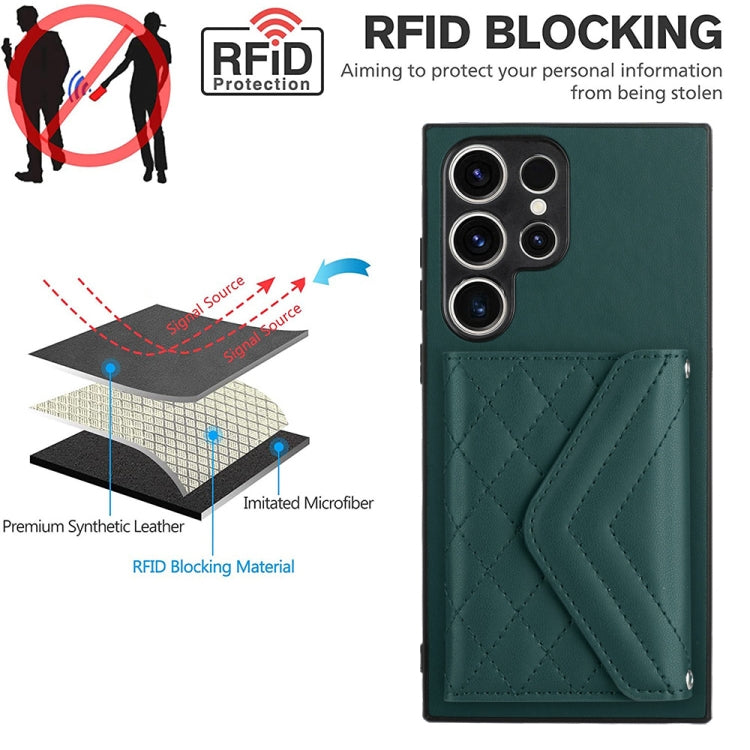 For Samsung Galaxy S23 Ultra 5G Rhombic Texture Card Bag RFID Phone Case with Long Lanyard(Green) by buy2fix