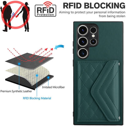 For Samsung Galaxy S23 Ultra 5G Rhombic Texture Card Bag RFID Phone Case with Long Lanyard(Green) by buy2fix