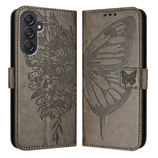 For Samsung Galaxy M55 Embossed Butterfly Leather Phone Case(Grey)