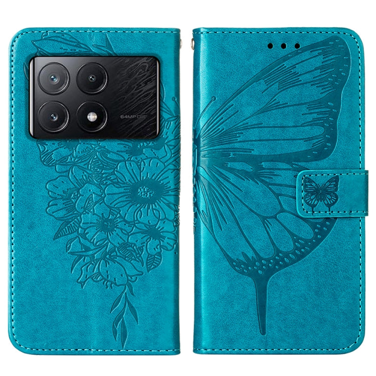 For Xiaomi Redmi K70E Embossed Butterfly Leather Phone Case(Blue) - K70E Cases by buy2fix | Online Shopping UK | buy2fix