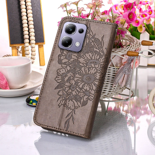 For Xiaomi Poco M6 Pro 4G Embossed Butterfly Leather Phone Case(Grey) by buy2fix