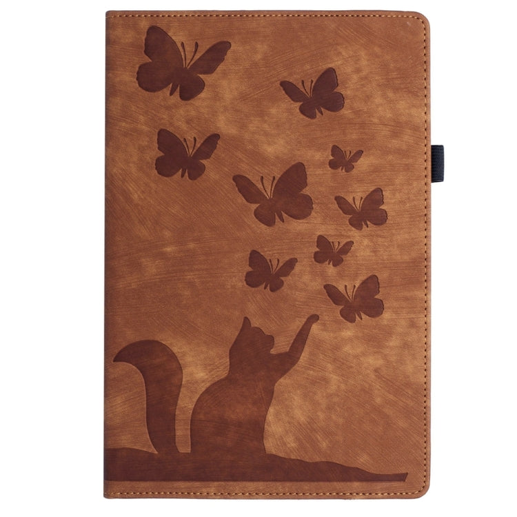 For Samsung Galaxy Tab S9 FE+ / S9+ / S8+ Butterfly Cat Embossing Leather Tablet Case(Brown) - Galaxy Tab S9+ Cases by buy2fix | Online Shopping UK | buy2fix