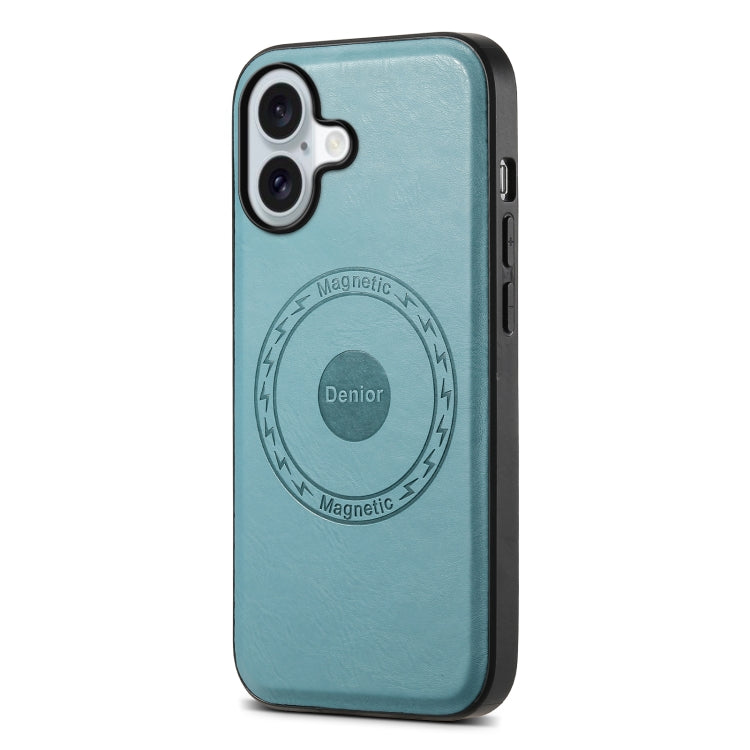 For iPhone 16 Plus Denior Cowhide Texture Leather MagSafe Phone Case(Blue) - iPhone 16 Plus Cases by Denior | Online Shopping UK | buy2fix