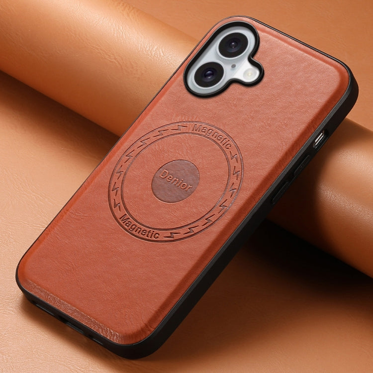 For iPhone 16 Plus Denior Cowhide Texture Leather MagSafe Phone Case(Brown) - iPhone 16 Plus Cases by Denior | Online Shopping UK | buy2fix