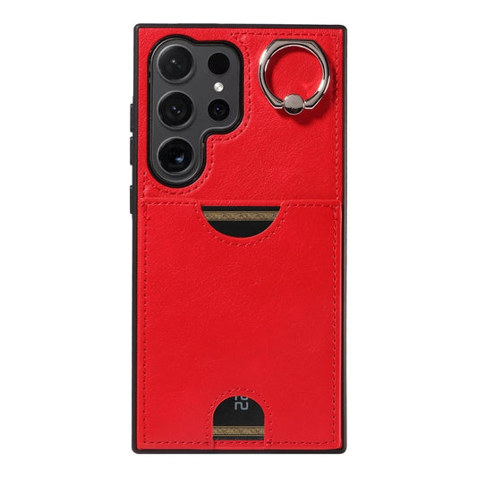 For Samsung Galaxy S24 Ultra 5G Calf Texture Card Slot Ring Holder Phone Case(Red) by buy2fix