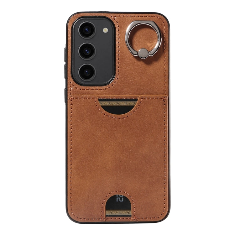 For Samsung Galaxy S23+ 5G Calf Texture Card Slot Ring Holder Phone Case(Brown) - Galaxy S23+ 5G Cases by buy2fix | Online Shopping UK | buy2fix