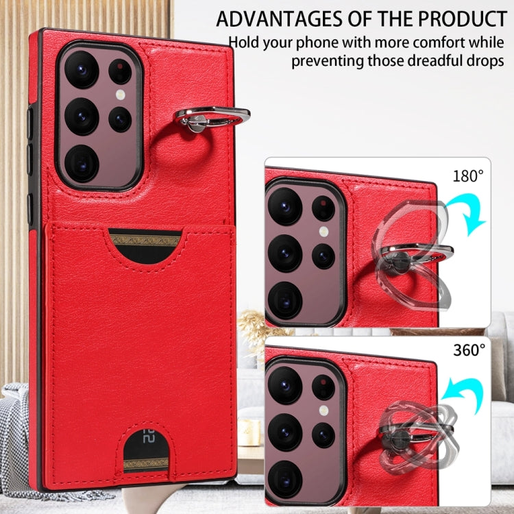 For Samsung Galaxy S22 Ultra 5G Calf Texture Card Slot Ring Holder Phone Case(Red) - Galaxy S22 Ultra 5G Cases by buy2fix | Online Shopping UK | buy2fix