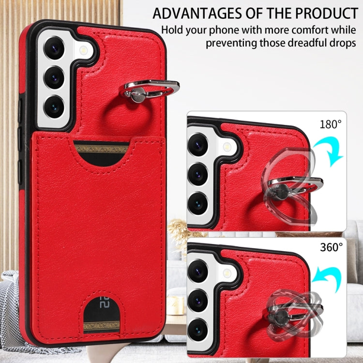 For Samsung Galaxy S22 5G Calf Texture Card Slot Ring Holder Phone Case(Red) - Galaxy S22 5G Cases by buy2fix | Online Shopping UK | buy2fix