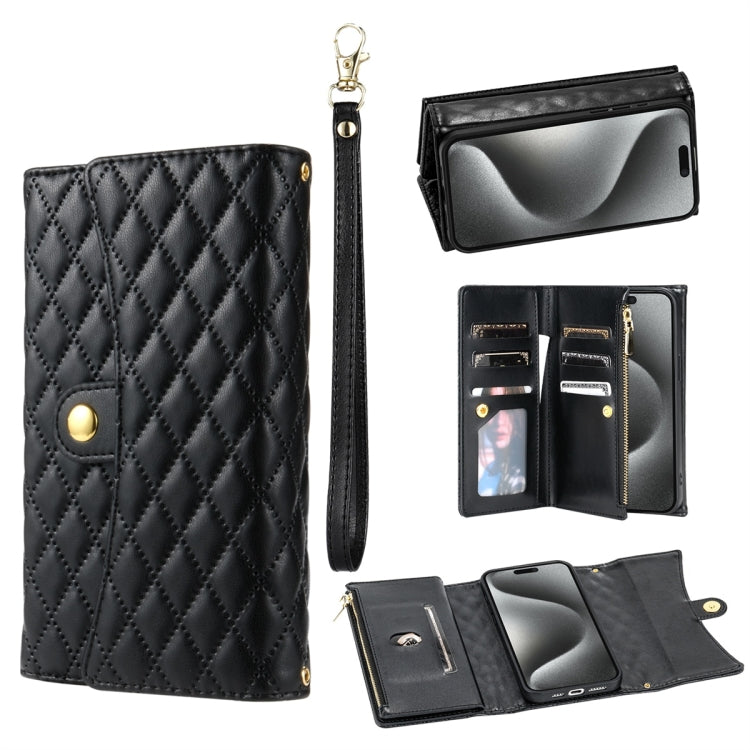 For iPhone 15 Pro Max Zipper Multi-Card Wallet Rhombic Leather Phone Case(Black) - iPhone 15 Pro Max Cases by buy2fix | Online Shopping UK | buy2fix