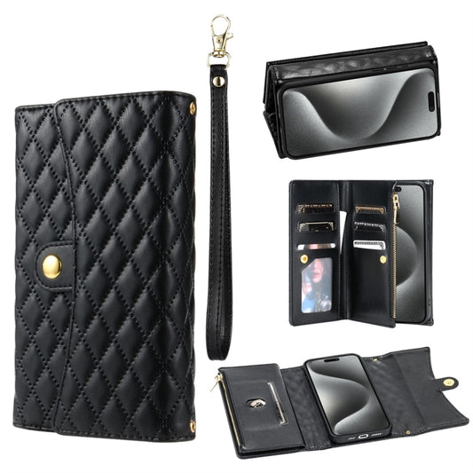 For iPhone 15 Pro Max Zipper Multi-Card Wallet Rhombic Leather Phone Case(Black) - iPhone 15 Pro Max Cases by buy2fix | Online Shopping UK | buy2fix