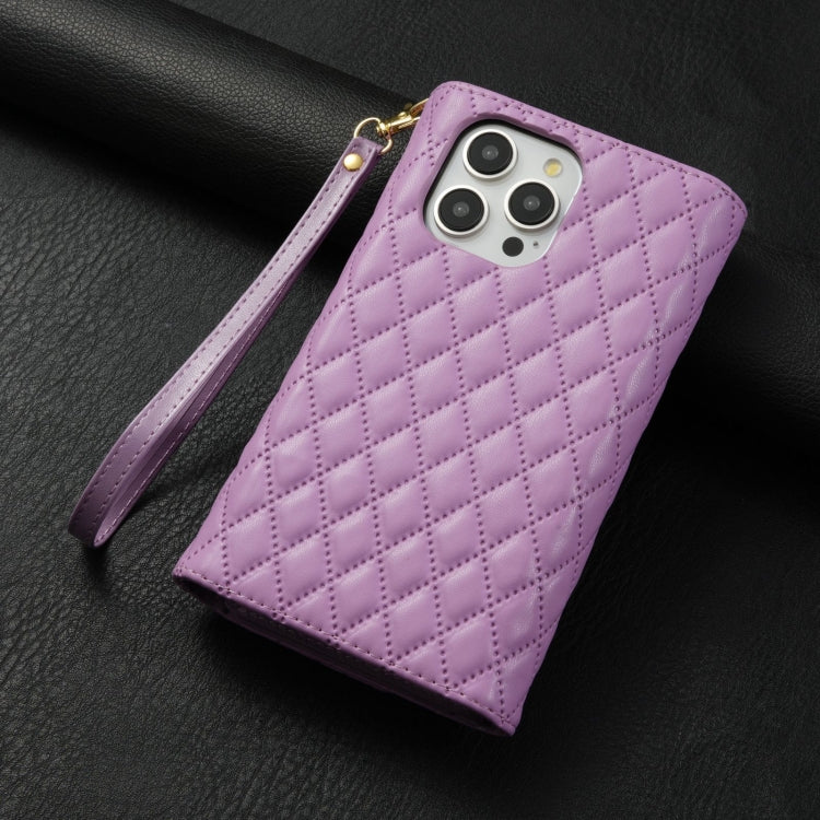 For iPhone 15 Pro Max Zipper Multi-Card Wallet Rhombic Leather Phone Case(Purple) - iPhone 15 Pro Max Cases by buy2fix | Online Shopping UK | buy2fix