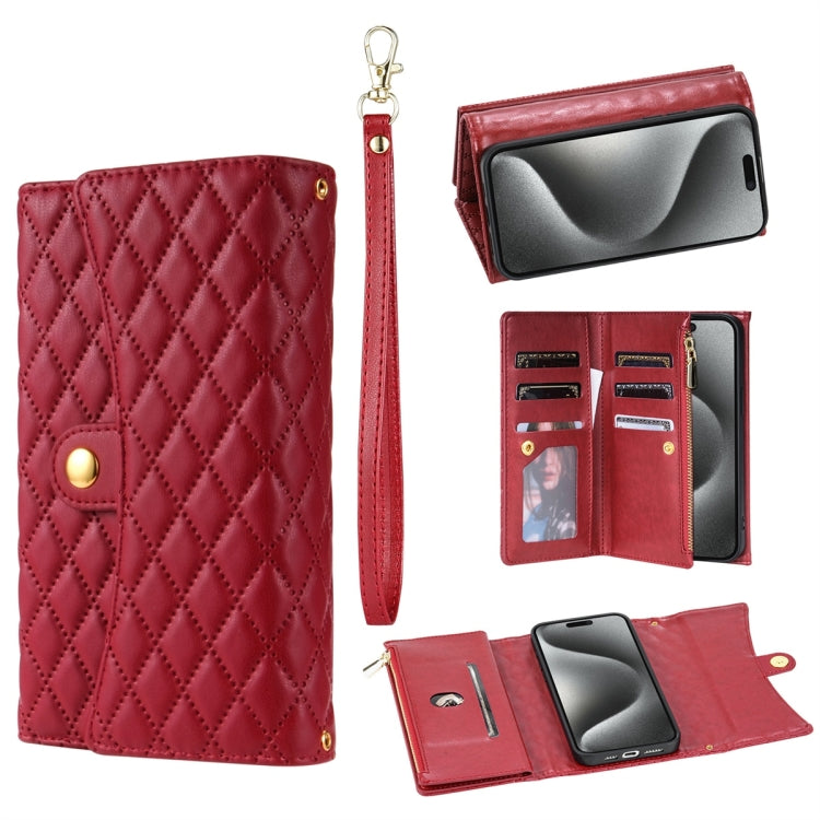 For iPhone 15 Pro Max Zipper Multi-Card Wallet Rhombic Leather Phone Case(Red) - iPhone 15 Pro Max Cases by buy2fix | Online Shopping UK | buy2fix